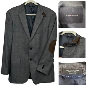 Tommy Hilfiger Blazer 42L Grey Wool 2 Button Elbow Patches Tab Collar Sport Coat - Picture 1 of 11