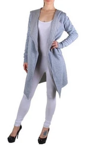 Ladies Cardigan Jacket Womens Top Hoodie Long Hooded Fleece Womens Heather Grey - Picture 1 of 4