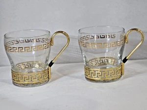 Vintage~Libbey~Gold Greek Key~2 Glass Coffee Cups/Mugs with metal handle~MCM - Picture 1 of 14