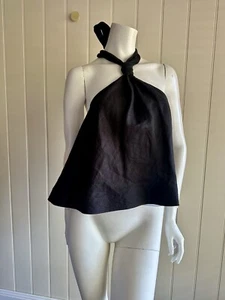 Country Road New Halter Neck Top Black Linen Size L 16 Cropped - Picture 1 of 8