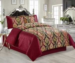 7pc Quilted Jacquard Bedspread Quilted Comforter Bedding Set, Pillows & Cushions - Picture 1 of 3