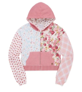 NWT Teddy Fresh Women's Patchwork Zip-Up Crop-fit Hoodie Red Pink Floral 2XL - Picture 1 of 7