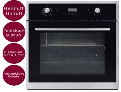 PKM Einbaubackofen Heißluft Teleskopauszug Silber Uhr Timer versenkbare Knebel - Bild 1 von 3