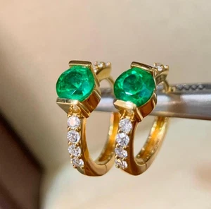 lab created Emerald Engagement Hoop Earrings 10k Solid Yellow Gold Earrings - Picture 1 of 4
