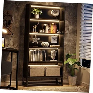 Tall Bookcase Bookshelf, 70.8” Large Bookcases Organizer with LED Black - Picture 1 of 8