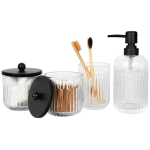 Bathroom Accessories Set 4 Pcs Clear Glass with Toothbrush Holder Lotion Soap - Picture 1 of 7