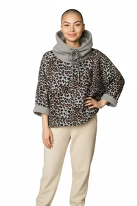 La Miel Sweatshirt Damen Large grau Leopard Wasserfallausschnitt Kordelzug Pullover - Bild 1 von 7