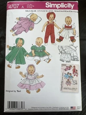 UNCUT Simplicity 4707 Doll Clothes 12"-22" Baby Doll Dress, Coat, Hat Pattern - Image 1 of 3