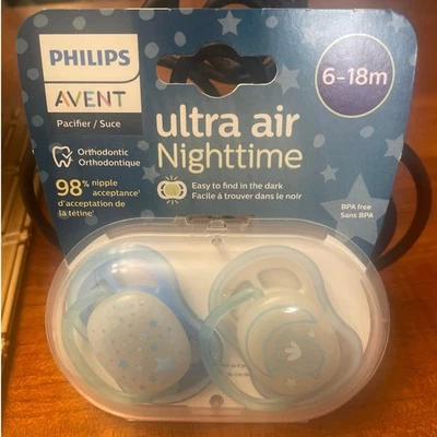 出售!! 2 Philips Avent Ultra Air 夜间奶嘴 6-18 蓝色 发光矫正 NiP — 第 1/4 张图片