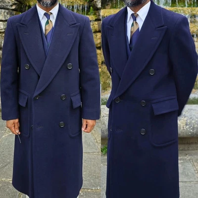 Business Men Overcoats Wool Blend Long Double Breasted Peak Lapel Coats Jacket - Image 1 of 3
