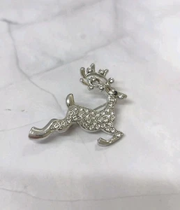 Christmas Reindeer Brooch Silver Tone & Clear RhinestonesStocking Filler/Gift - Picture 1 of 2