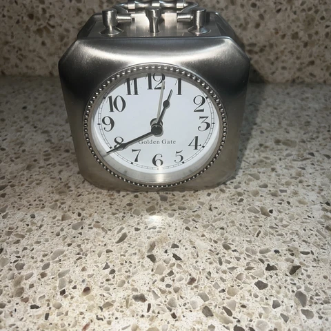 Pottery Barn Golden Gate Square Carriage Alarm Clock Silver Tone Travel Cover