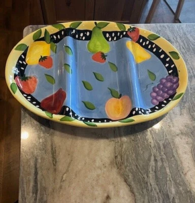 Plato de frutas Bella Casa by Ganz amarillo brillante azul negro blanco 17"X11,5" Foto 1 de 4