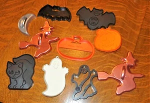 10 Vintage Metall & Kunststoff Ausstechformen Halloween 2 Hexen Punze Katze Geist Fledermaus - Bild 1 von 8