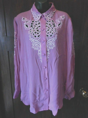 Camisa Cher Vintage Bob Mackie Mujer Corte Manga Larga Botón Lila Púrpura Lge Foto 1 de 4