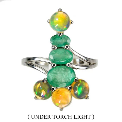 925 Anello Argento Sterling Ovale Smeraldo 7x5mm Fuoco Opale Gemma Gioielli - Immagine 1 di 4