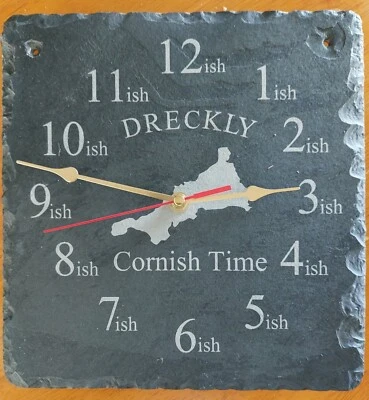 CORNWALL LASER CUTTING & CRAFT Dreckly Slate Clock - Etched in Cornwall (map design) Cornish Clock