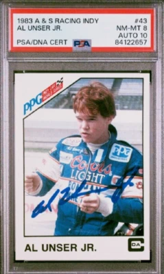 1983 A&S Racing #43 Al Unser Jr Signed Rookie Card Autograph RC Auto PSA 8/10 - Image 1 of 2