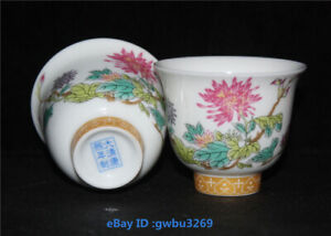 Fine A pair Chinese Porcelain painting Flower Bowl Tea Cup w kangxi Mark 22422-1