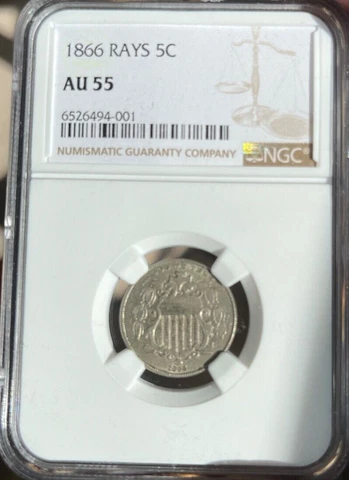 1866 W/ RAYS AU55 SHIELD NICKEL Freshly Graded Cover