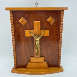 VTG Crucifix Brass Jesus Christ Cross Wood Christianity INRI Home Decor 15" - Picture 1 of 8