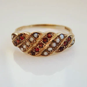 Atemberaubender Vintage Ring 9 kt Gold Granat & Perle um 1959; UK Ringgröße "S 1/2" - Bild 1 von 8