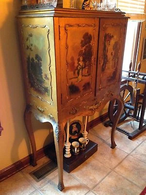 FRENCH PAINTED SCENE VICTORIAN FILAGREE ORNATE CHEST SECRETARY ANTIQUE CABINET - Image 1 of 4