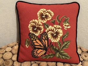 Vtg Flowers Monarch Butterfly Needle Point Wool Throw Toss Pillow Velvet Back - Picture 1 of 6