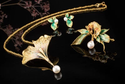 Ehinger Schwarz Collier Broschen 2 Anhänger Ohrringe Perle Emaille Gold Schmuck - Bild 1 von 4