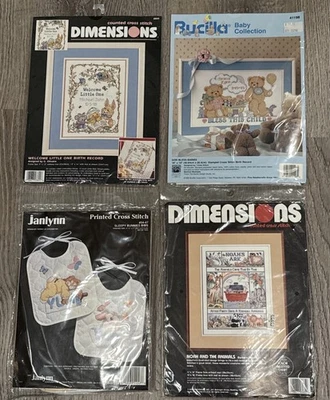 Lot/4 Dimensions Bucilla Janlynn Baby Bib Birth Stamp Counted Cross Stitch Kits - Image 1 of 4