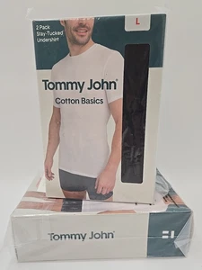 2 Pkgs Tommy John Cotton Basics Crew Neck Undershirt Stay-Tucked Black Large - Picture 1 of 7