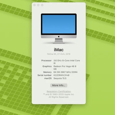 Apple iMac Retina 5K 27" - 64GB RAM - 3.6GHz 8Core i9 - Radeon Pro Vega - 2TB HD - Image 1 of 4