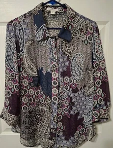 Coldwater Creek Shirt PXL P16 Navy Paisley Geometric Button Front Sheer Blouse - Picture 1 of 7