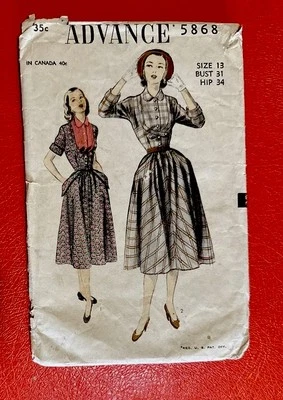 Rare 50’s Advance 5868 Dress Contract Collar Vestee Seeing Pattern 13 Ex Cond - Image 1 of 3