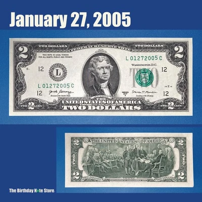 January 27, 2005 Birthday Anniversary $2 Two Dollar Bill Serial Number 01272005 - Image 1 of 2