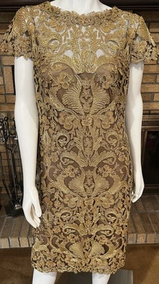 Tadashi Shoji Gold Cord Embroidered Tulle Dress Size 14 Illusion Neck - Image 1 of 4