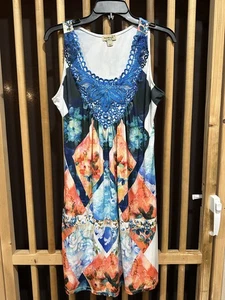 OneWorld Dress Womens Size M Multicolor Sleeveless Boho Tank Top Blue Lace Trim - Picture 1 of 6