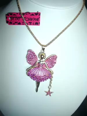 COLLAR COLGANTE Betsey Johnson HADA ROSA CRISTALES ADORNADOS CADENA ESTRELLA Oro Nuevo con Etiquetas Foto 1 de 4