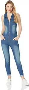 COVER GIRL Women's Denim Biker Long Jumpsuit Overalls Sexy Zip Up Sleeveless - Picture 1 of 2