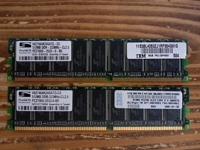 2x IBM (ProMos Technologies) 512MB DDR 333MHz CL2..5 PC2700U ECC #11 - Bild 1 von 4