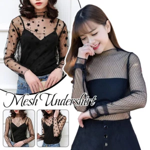 Women Sexy Undershirt Mesh Sheer Long Sleeve Pullover Inner Layer Top - Foto 1 di 18