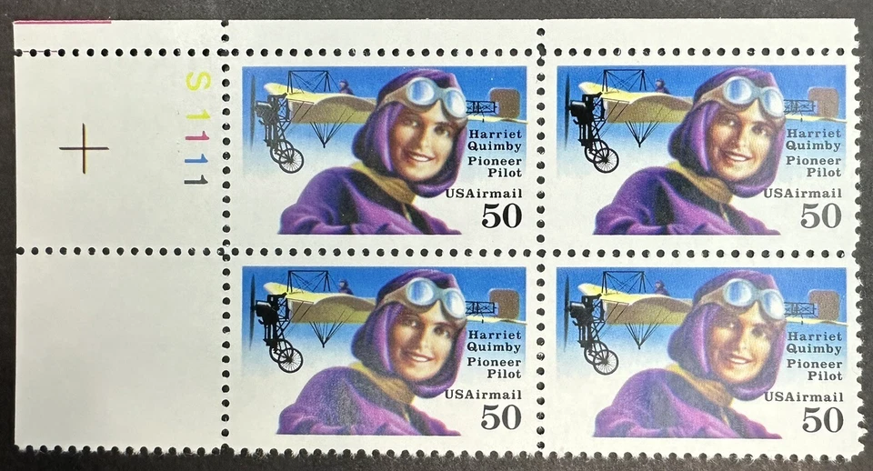 US C128 HARRIET QUIMBY, PILOT 1991 (AIR MAIL) SHEET  "PLATE # BLOCK OF 4" MNH/OG - Image 1 of 1