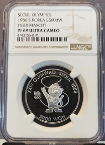 1986 SOUTH KOREA SILVER 5000 WON TIGER MASCOT NGC PF 69 ULTRA CAMEO SCARCE - Picture 1 of 3