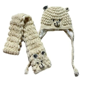 English Heritage Kids Bauble Knit Wool Ivory Polar Bear Ears Hat Scarf Set 4-6-8 - Picture 1 of 7