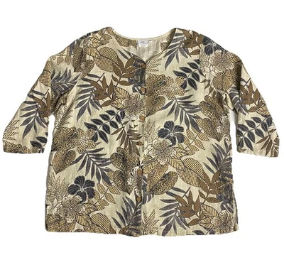 Top de algodón manga 3/4 para mujer XL 100 % lino marrón crema hoja tropical floral Foto 1 de 4