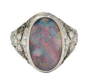 Edwardian Black Opal Diamond Platinum Antique Clover Dinner Ring - Picture 1 of 16