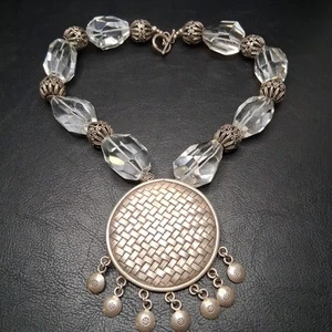 STERLING SILVER 925 Statement Necklace Basketweave Round Pendant Crystal 14.807 - Picture 1 of 8