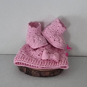 Set berretto e stivaletti, rosa, cotone, 0-3 mesi, uncinetto, nascita, benvenuta - Foto 1 di 4