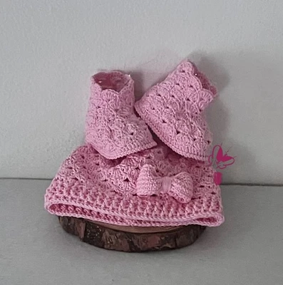 Set berretto e stivaletti, rosa, cotone, 0-3 mesi, uncinetto, nascita, benvenuta - Immagine 1 di 4