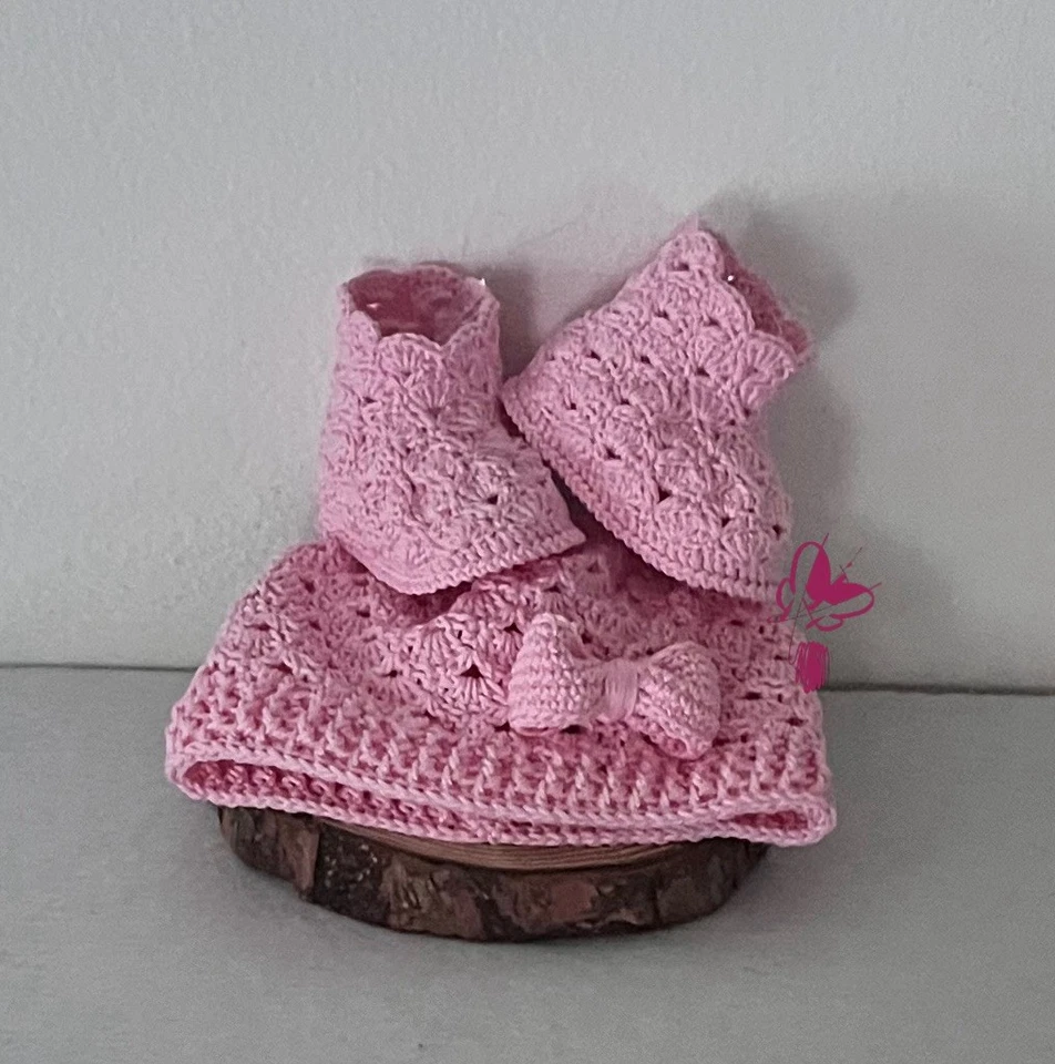 Set berretto e stivaletti, rosa, cotone, 0-3 mesi, uncinetto, nascita, benvenuta - Immagine 1 di 4
